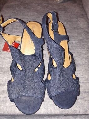 Hot Tomato Navy Lace Slingback Wedge Sandals